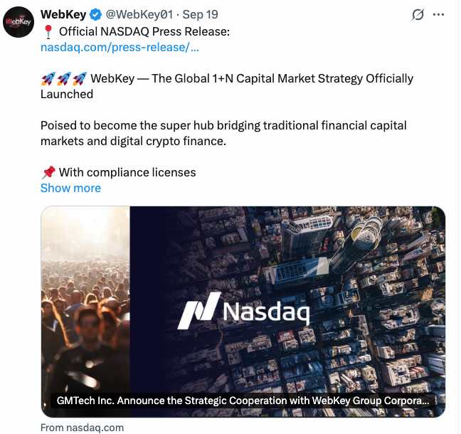 나스닥 상장사 GMTech Inc.와 WebKey가 전략적 파트너십을 체결했습니다.